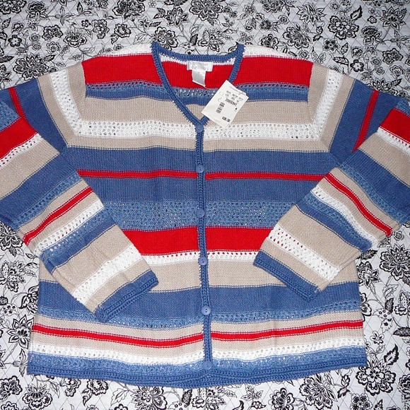 Cardigan Sweater Cotton Red Blue Striped M NWT - Picture 8 of 8
